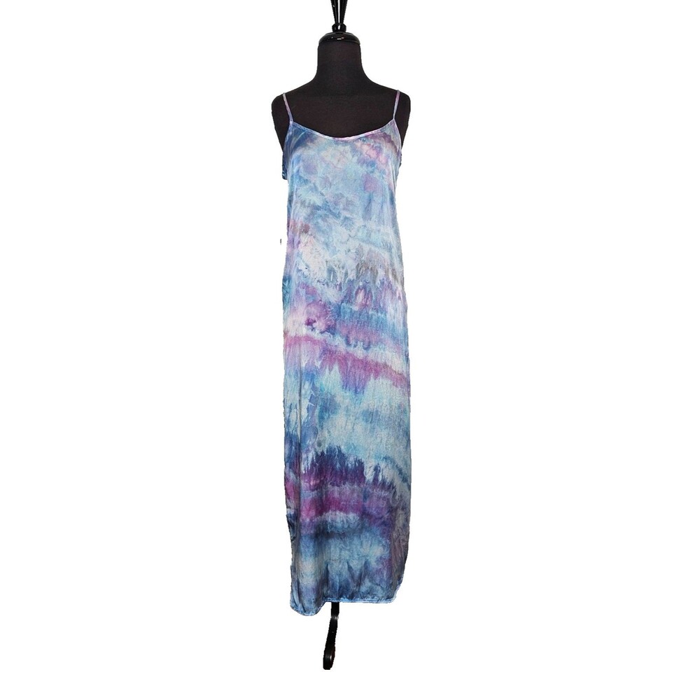 SUENO MADE 100% Silk Slip Dress Sea Blue S Side Slits Charmeuse Hand Dyed